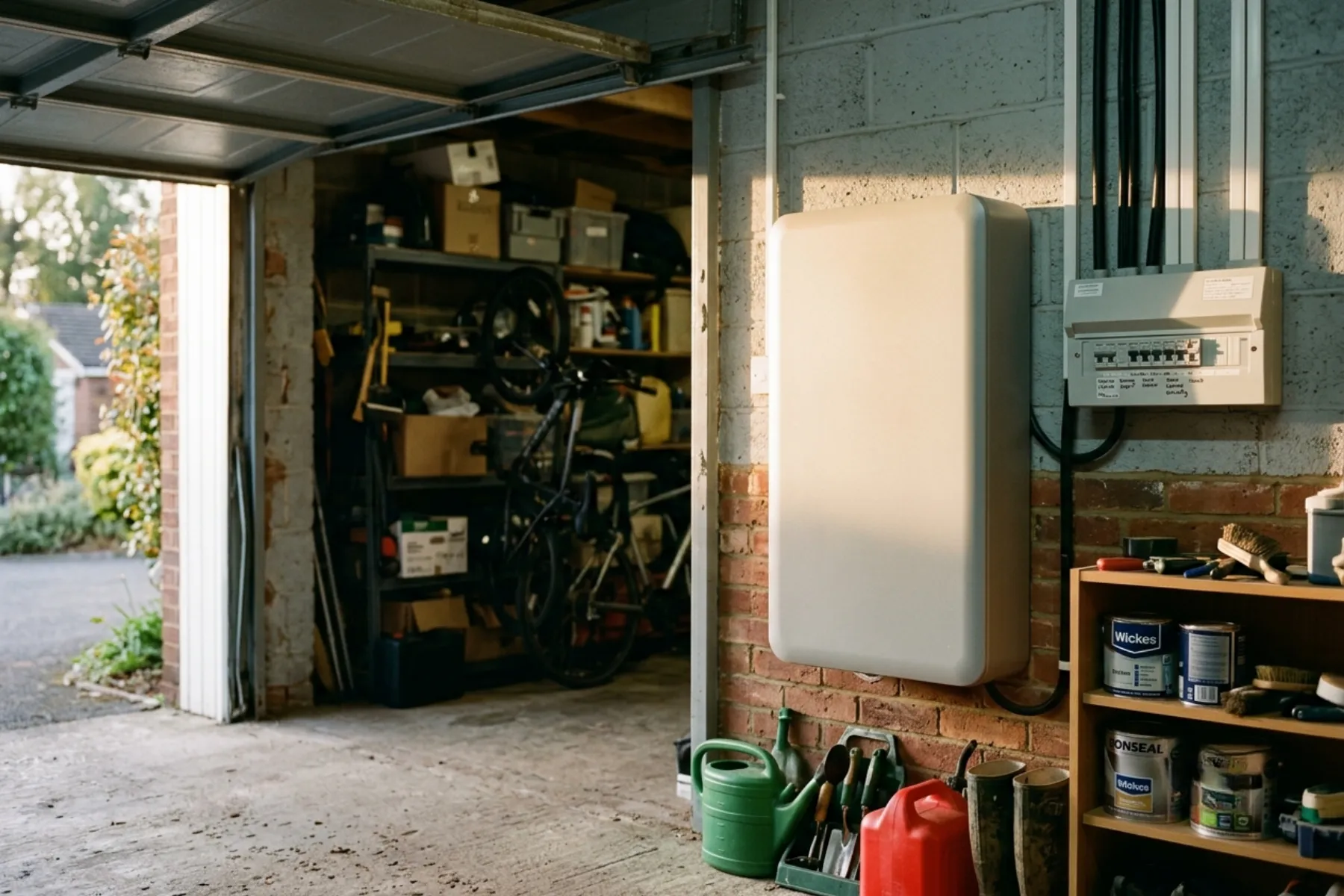 A home battery storage unit fitted in a garage