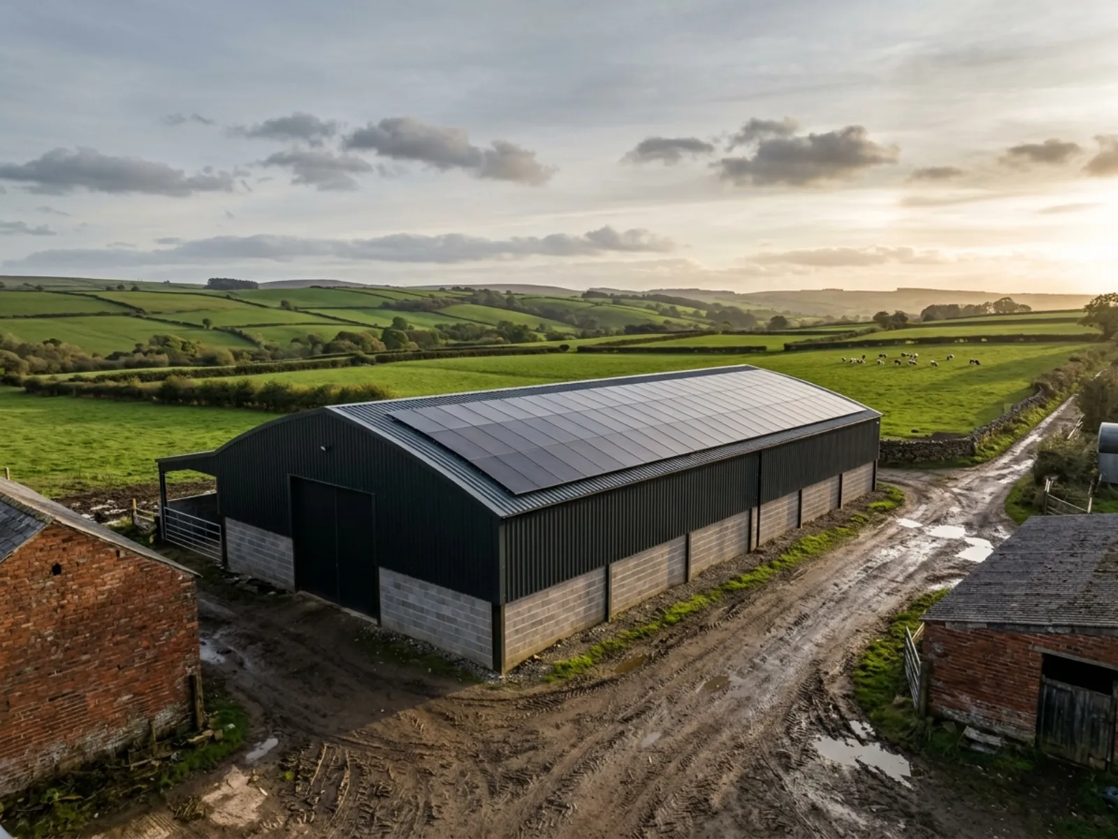 Solar panels on a UK farm barn roof