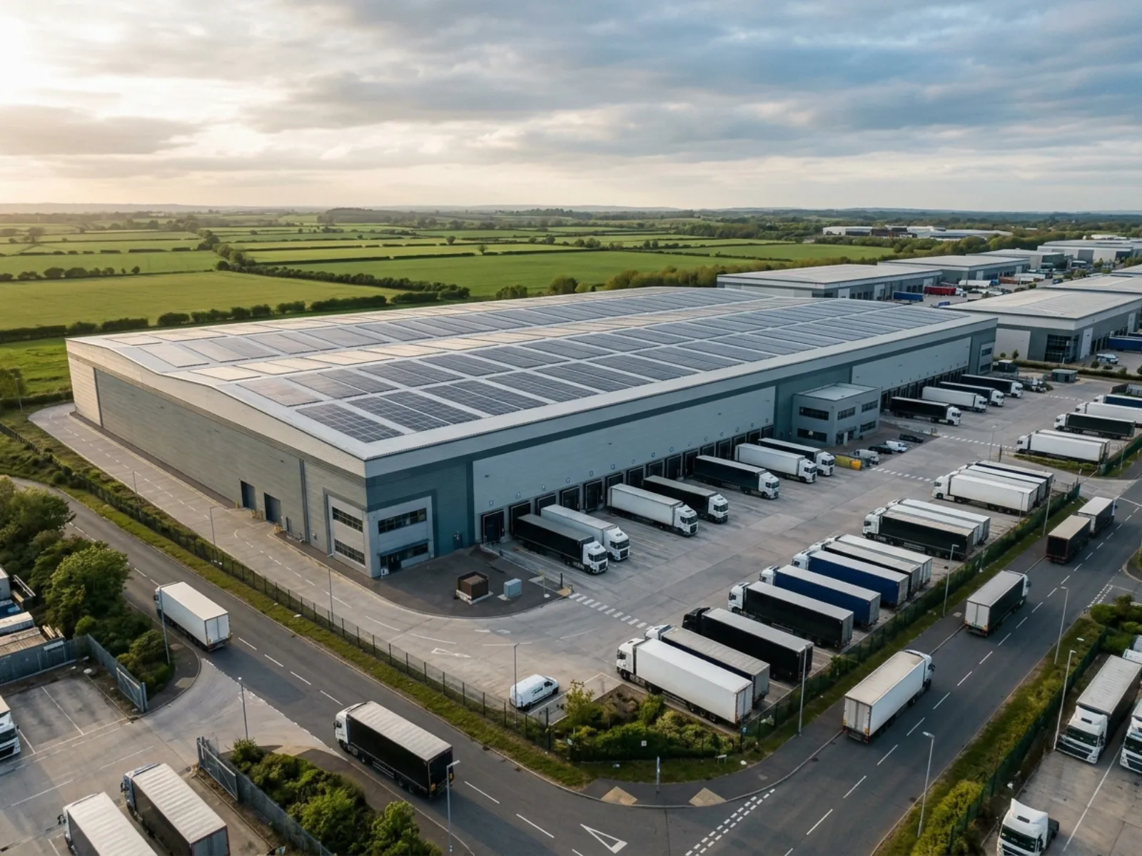 Solar panels on a large UK warehouse roof
