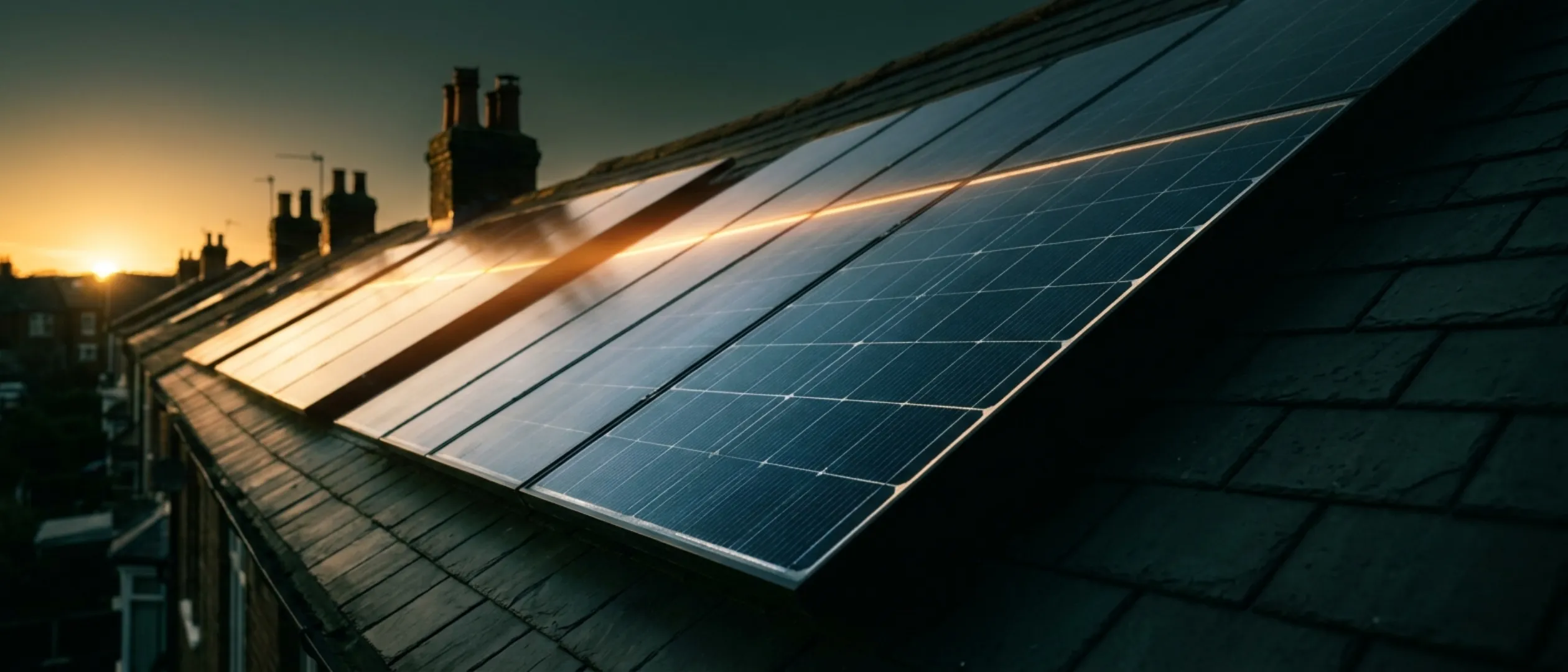 Dawn light on solar panels across a British home's roof