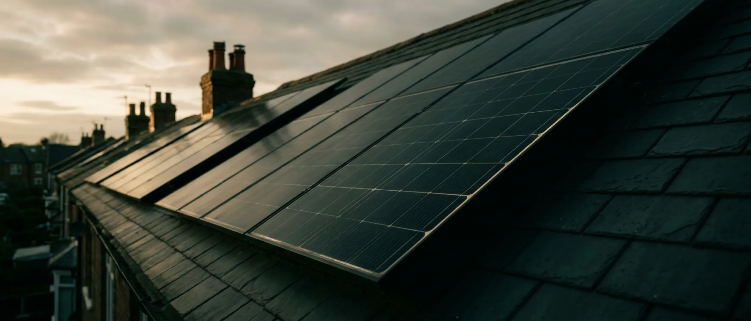 Solar panels on a British home roof at golden hour