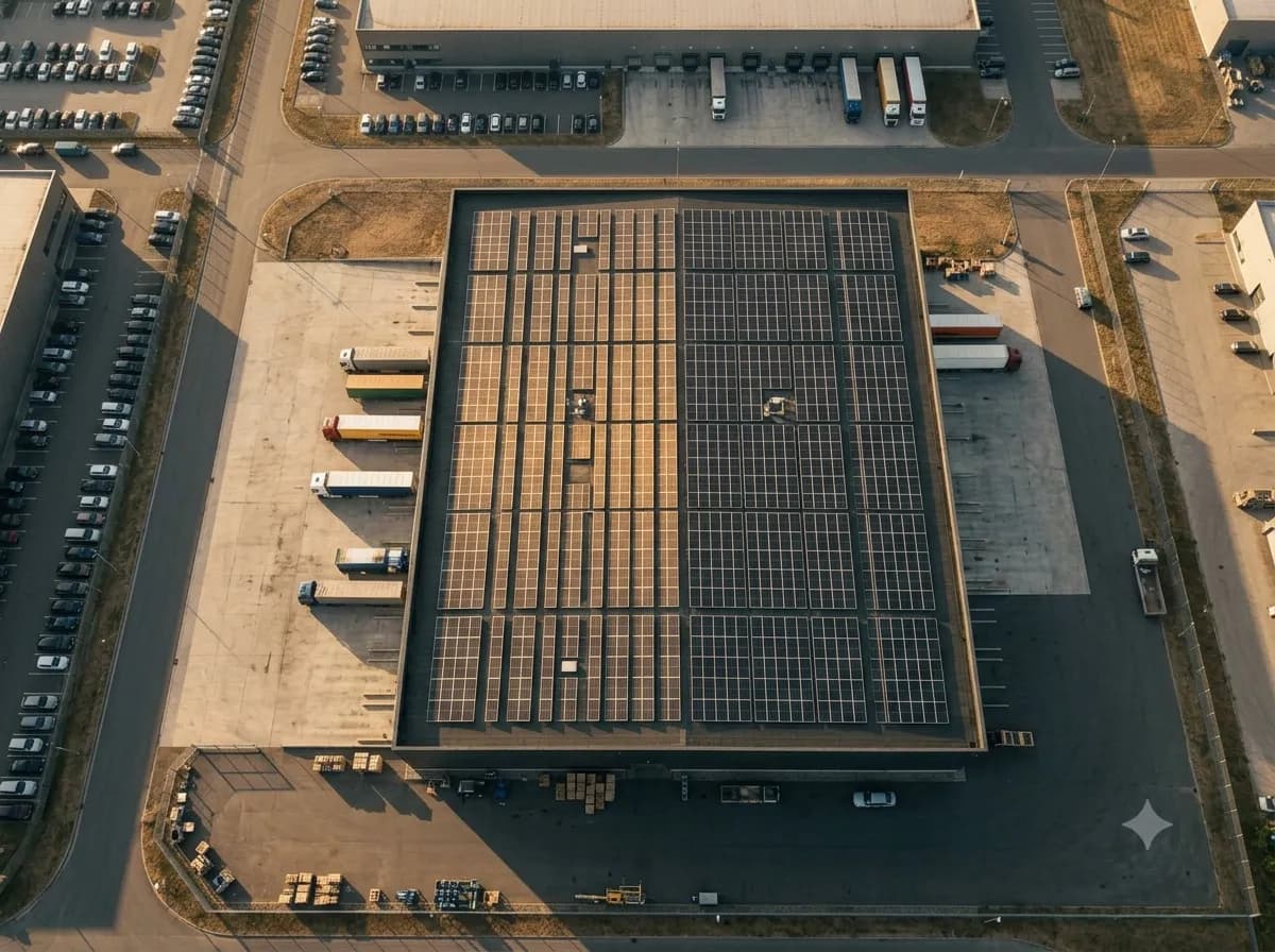Aerial view of solar panels on a warehouse roof
