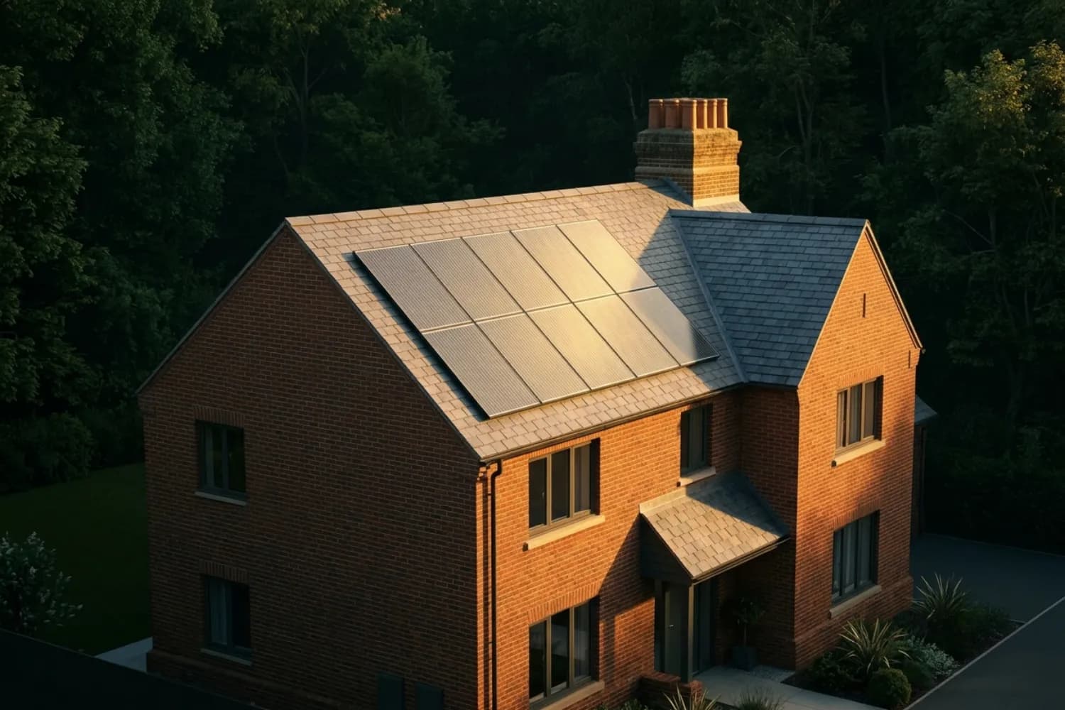 Solar panels on a modern British house roof